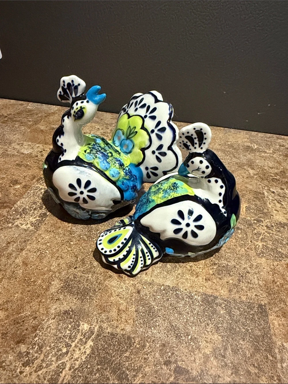 Hand-Painted Ceramic Peacock salt and pepper shakers in Blue and Lime.